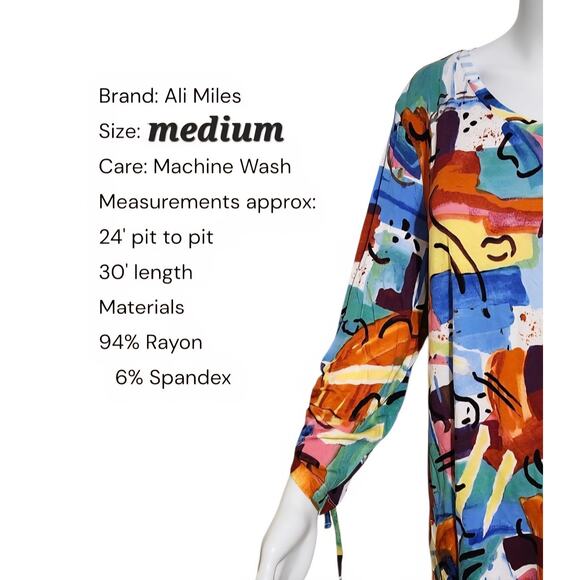 Ali Miles Medium Stretchy Top 3/4 Cinch Sleeve Art To Wear Artsy Abstract - Picture 2 of 6